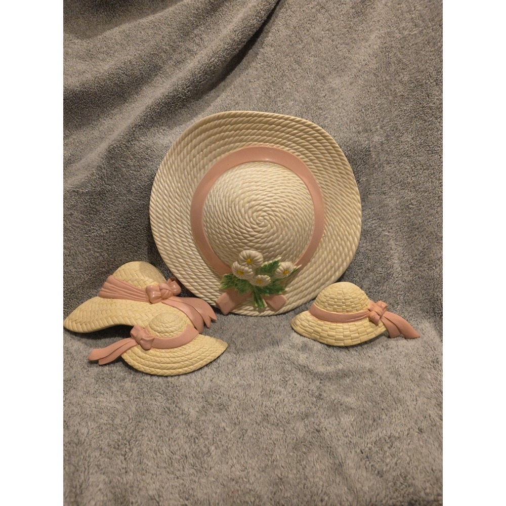 4 Vintage Home Interiors‎ Homco Burwood Bonnet Hats Wall Decor Pocket White Pink